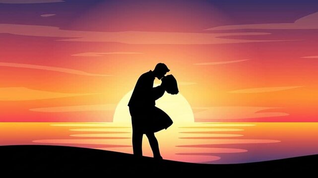 Silhouette couple kissing at sunset over ocean vector illustration