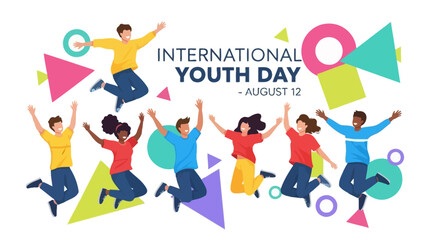 International Youth Day August 12: Diverse Group of Young People Jumping Joyfully with Abstract Shapes