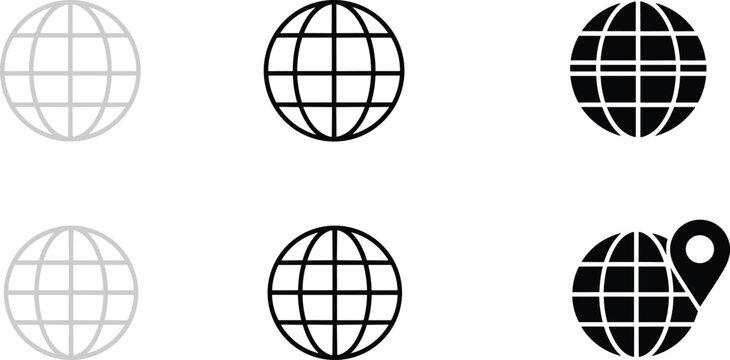 Set of six globe and location icons featuring wireframe and solid earth silhouettes with a map pin marker on white background.