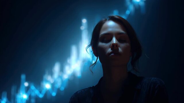 Woman looks up in dark space with blue digital light patterns reflecting on her face in a tech environment