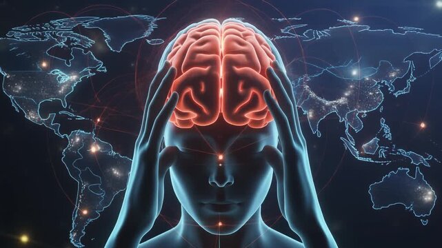 Digital 3D rendering of a stressful brain connection to a global map, visualizing mental health worldwide
