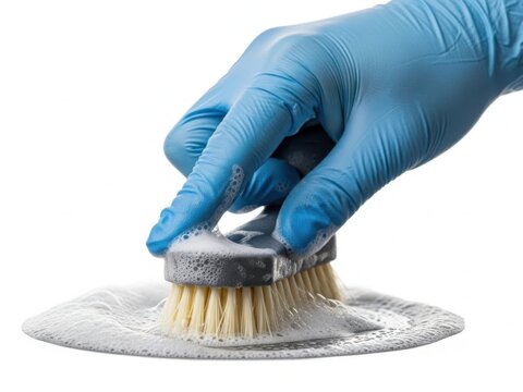 Hand in gloves cleaning brush on white surface - Powered by Adobe