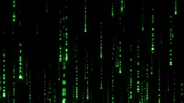 A Glimpse into a Digital Abyss: Cascading Green Code on a Black Background Showcasing the Power of Data Flow in an Enigmatic Virtual Environment