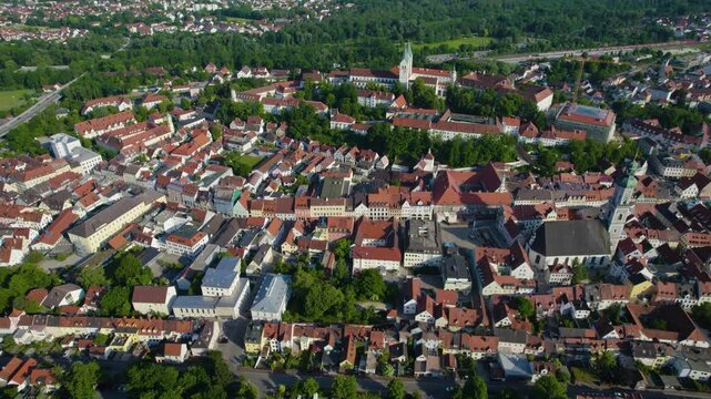 Aerial view around the city Freising in Germany., Bavaria on a sunny afternoon in spring.