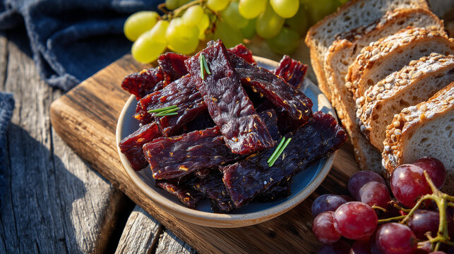 Overhead view of dried meat arranged on a picnic board, jerky, biltong, and salami with bread and fruit, outdoor summer picnic concept