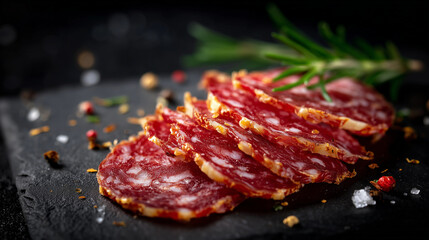 Macro of thin slices of salami on a slate board, visible fat marbling and spices, dramatic overhead lighting, gourmet appetizer style