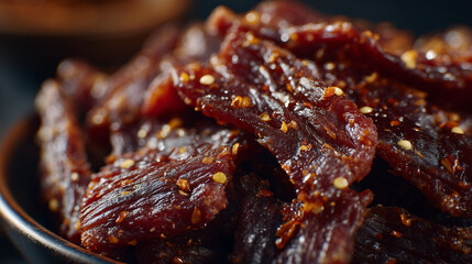 Macro of spice-coated beef jerky pieces, glistening with natural oils, rich textures emphasized, shallow depth of field, high-detail food photography