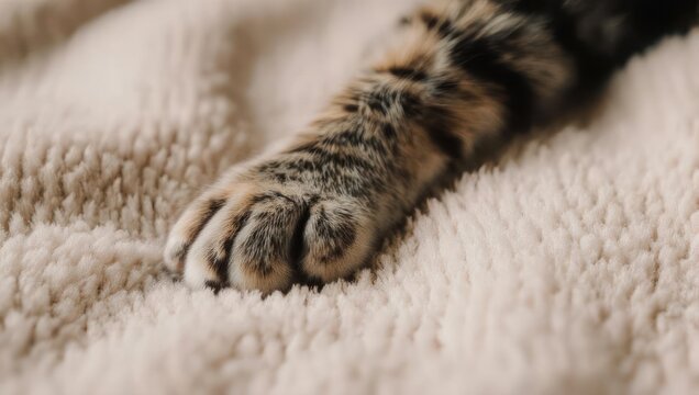 Close-up of a Tabby Cats Paw Resting on a Soft Blanket.