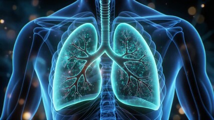 Advanced holographic visualization of healthy human lungs within a futuristic digital interface, symbolizing respiratory health, medical innovation, and scientific research - Powered by Adobe