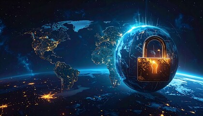 A digital composite showing the Earth overlaid with a glowing lock, representing global data security, against the backdrop of a starry night sky