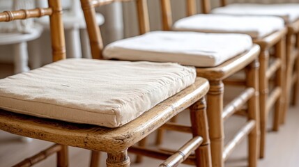 Row of traditional wooden chairs featuring light colored seat cushions sits indoors