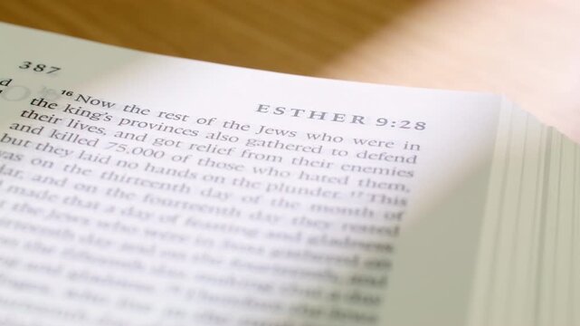Close up footage of English Bible as pages turn to a passage in the Book of Esther. Clear printed text, smooth page movement, and soft lighting ideal for faith, study, worship, and teaching media.