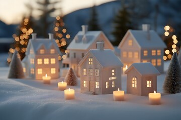 A serene, winter village scene is illuminated by the soft glow of candlelight, evoking feelings of warmth and tranquility. The houses are nestled amidst a pristine snow-covered landscape.