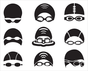 Swimmer Icon Set With Caps And Goggles