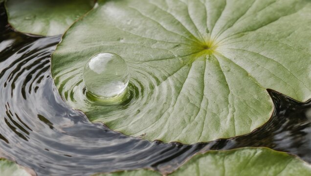 Close-up of a water droplet falling onto a lily pad creating ripples in the water.