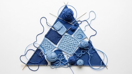 青い毛糸が見事に並ぶ