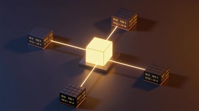 Futuristic isometric animation showing a glowing central data cube connecting to four distributed ledger nodes.
