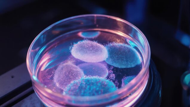 Close-up of Cell Cultures in a Petri Dish Under Blue and Purple Light.