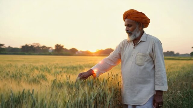 elderly farmer observing sunset in verdant punjab fields india video