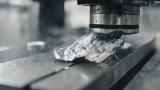 Close-up of CNC milling machine cutting metal with precision.