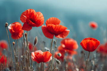 Obraz premium Vibrant red poppies bloom in a soft focus meadow under a clear blue sky