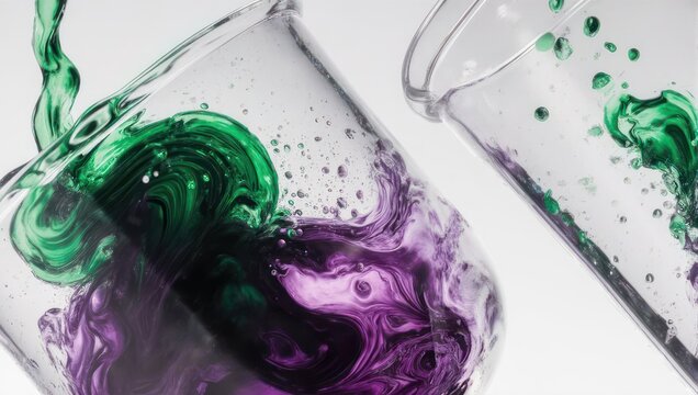 Close-up of colorful liquids swirling in laboratory beakers.