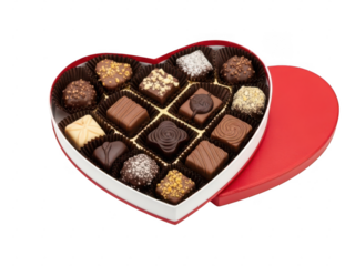 Assorted chocolates in a heart-shaped box isolated on transparent background