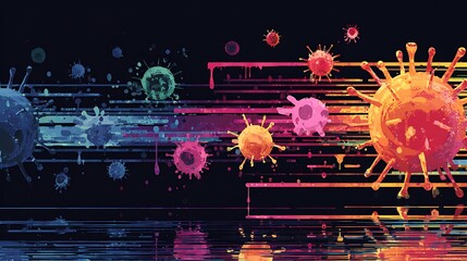 Vibrant digital illustration of various colorful virus particles with spiky protrusions on a dark background with neon horizontal lines and reflections