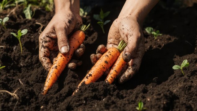 Close-up of dirty hands harvesting fresh organic carrots from rich soil in a sunny garden.