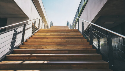 Concrete Staircase with Metal Handrails Leading Upwards Towards a Bright Sky Outdoors