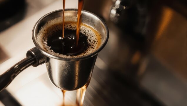 Close-up of fresh espresso pouring from a coffee machine into a metal cup.