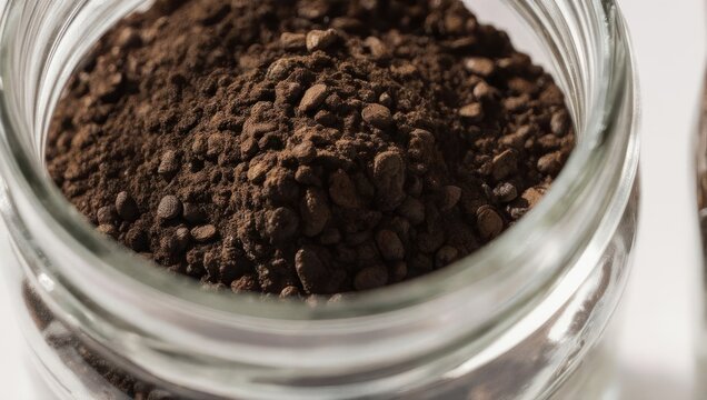 Close-up of finely ground coffee beans in a glass jar.