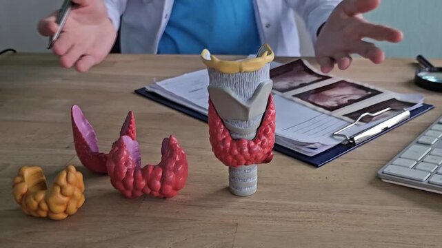Doctor explains thyroid models and function in office setting for educational purposes and health awareness