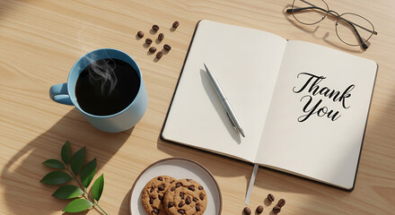 Coffee cup beside open notebook with thank you message on wooden table