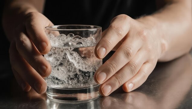 Close-up of hands holding a glass of refreshing water with ice cubes on a metallic surface.