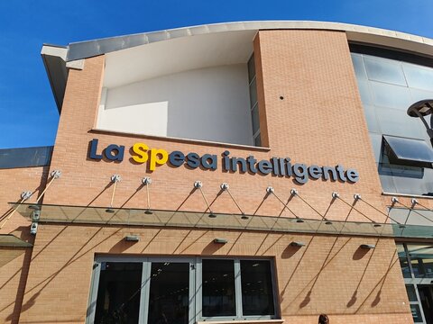 Monterotondo, Italy - June 20, 2026, the facade of a Eurospin la spesa intelligente store, an Italian large-scale retail chain operating in the discount channel, founded in 1993.