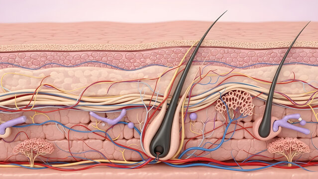 Anatomical diagram showing a detailed cross-section of human skin and hair follicle structure