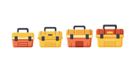 Collection of four colorful toolboxes in different sizes and designs