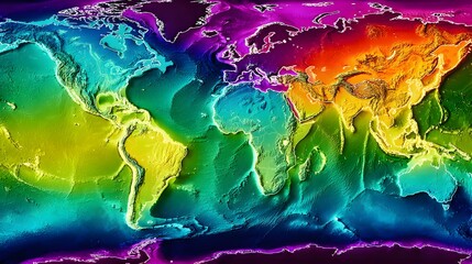 Colorful World Map Depicting Topography and Geographic Features in Vivid Hues.