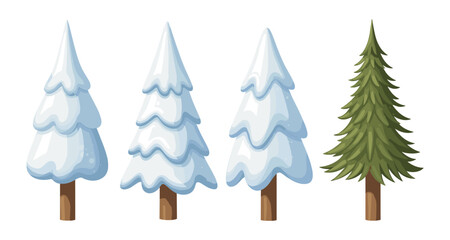 Obraz premium Collection of cartoon fir trees, some covered in snow and one green