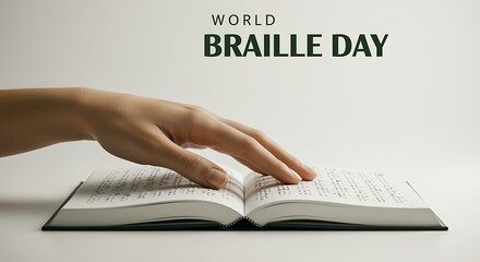 Hand reading braille book on white surface World Braille Day awareness