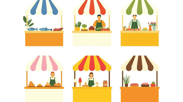 flat minimalist illustration of eight market stalls arranged in a grid, clean vector style, simple shapes, pastel colors, white background - Powered by Adobe