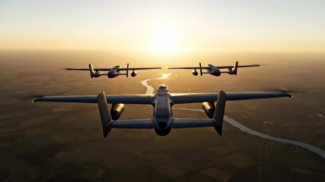 Electric VTOL aircraft fly above river delta during sunset flight. Future air taxi in formation over landscape. VTOL aircraft at sunset above river. Electric taxi flying in golden hour formation.