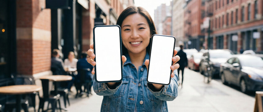 Happy Asian woman age 25–32, outdoor urban sidewalk background, presenting empty smartphone screen toward camera, bright natural light, modern lifestyle stock photo. - Powered by Adobe