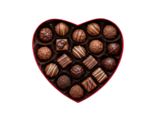 Assorted chocolates in a heart-shaped box isolated on transparent background