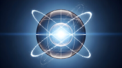 Glowing atom model with sparkling electrons orbiting nucleus