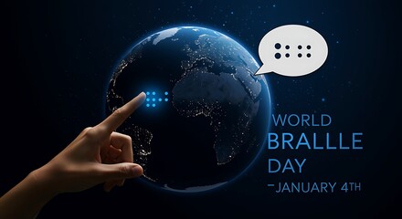 World Braille Day awareness with hand touching globe and braille dots  January 4th