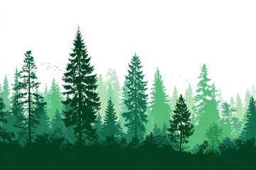 Fototapeta premium Deep green pine forest silhouette with flock of birds flying in sky