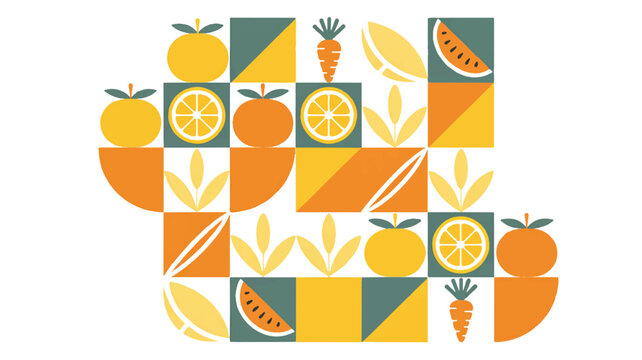 A geometric pattern design featuring fruits and vegetables in a retro-modern style.