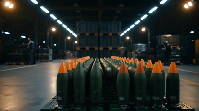 Artillery shells stand on pallet in military warehouse facility. Ammunition rounds stored in defense factory. Artillery shells in warehouse. Military ammunition on pallet in industrial facility.